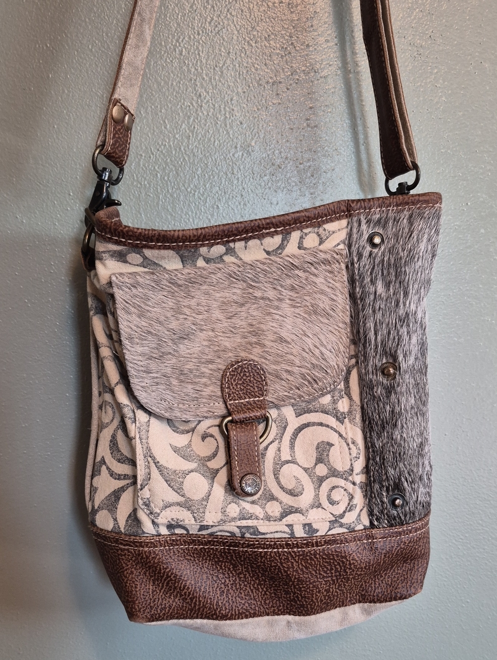Myra Cowhide Shoulder Bag Upcycled Canvas and Leather Adjustable.